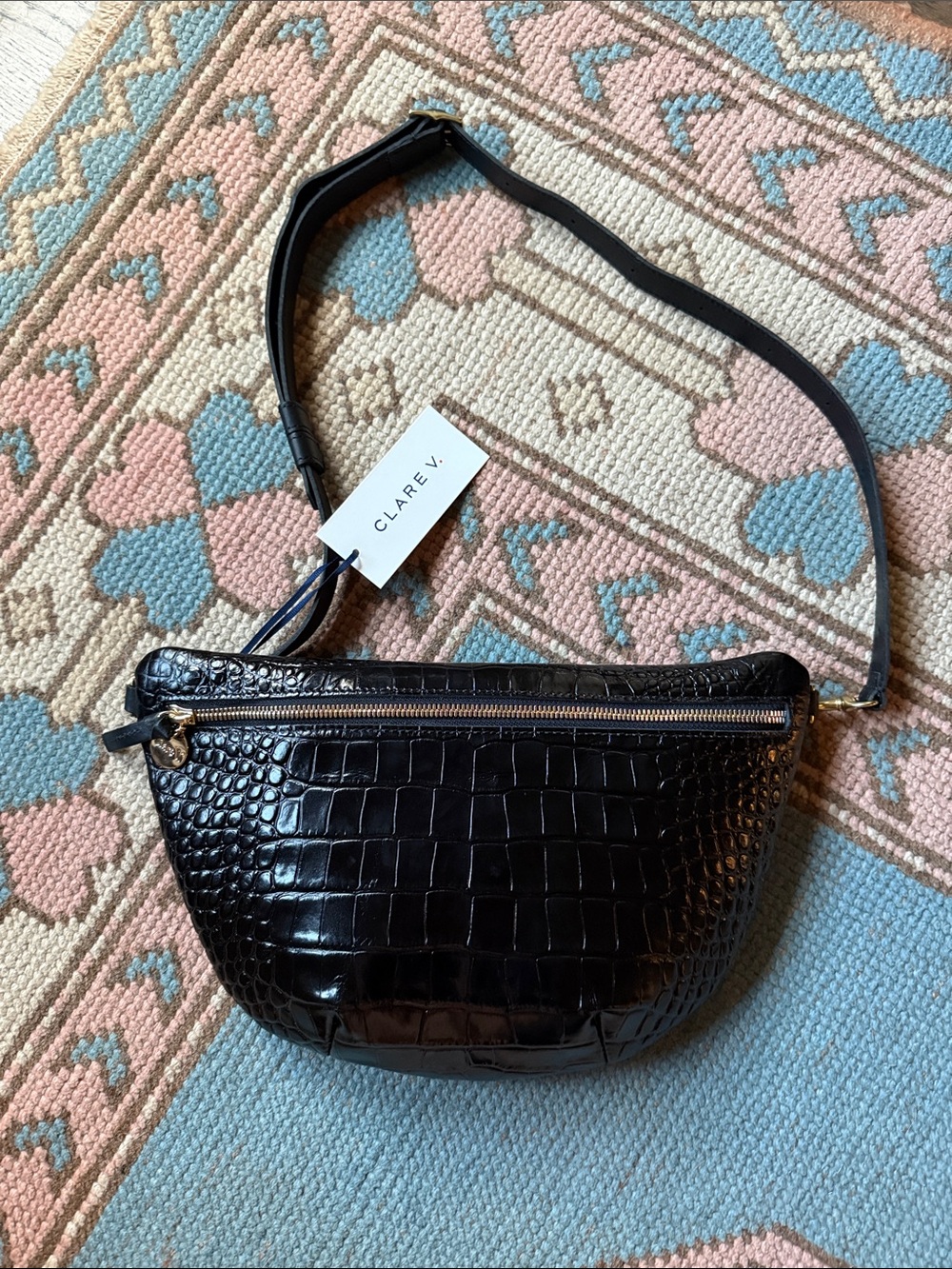 Hard to find Clare V Black Croc-Embossed Grande Fanny Bag with Gold Zipper - Picture 11 of 12